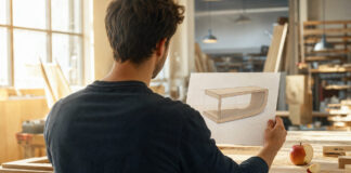 Gründer von hinten mit Holzmodell und angeschnittenem Apfel in heller Werkstatt