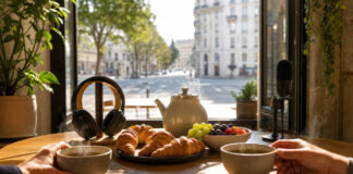 Frühstückstisch mit Kopfhörern und Mikrofonständer im Morgenlicht vor Fensterfront