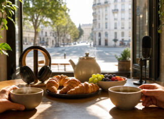 Frühstückstisch mit Kopfhörern und Mikrofonständer im Morgenlicht vor Fensterfront