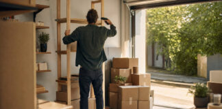 Gründer montiert ein Regal neben Paketkartons in einer Werkstatt mit Tageslicht.