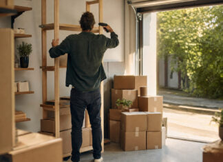 Gründer montiert ein Regal neben Paketkartons in einer Werkstatt mit Tageslicht.