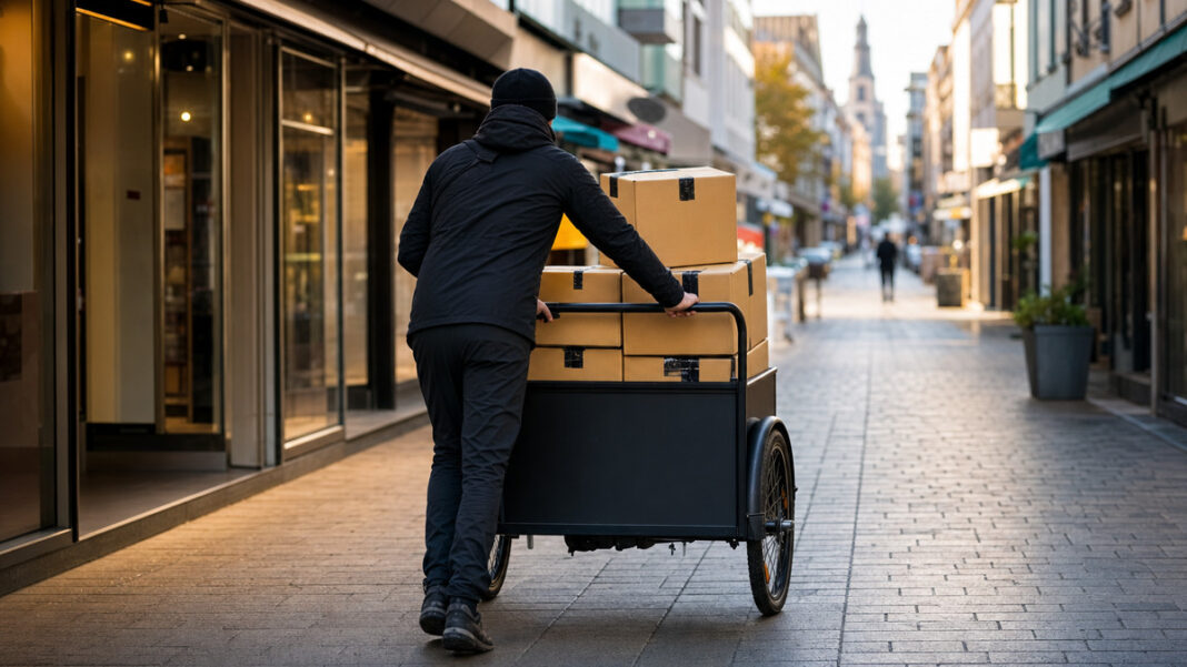 Fahrradkurier mit Lastenrad und Paketboxen in einer Einkaufsstraße
