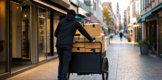 Fahrradkurier mit Lastenrad und Paketboxen in einer Einkaufsstraße