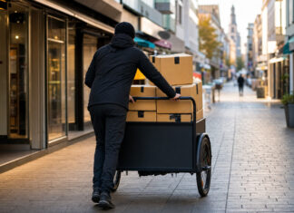 Fahrradkurier mit Lastenrad und Paketboxen in einer Einkaufsstraße
