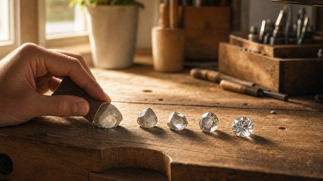 Hand schleift in einer Werkstatt einen Rohdiamanten zu einem glänzenden Stein