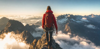 Bergsteigerin am Grat mit Karabiner, Wolken unter ihr und warmem Seitenlicht