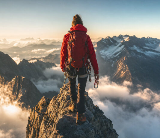 Bergsteigerin am Grat mit Karabiner, Wolken unter ihr und warmem Seitenlicht