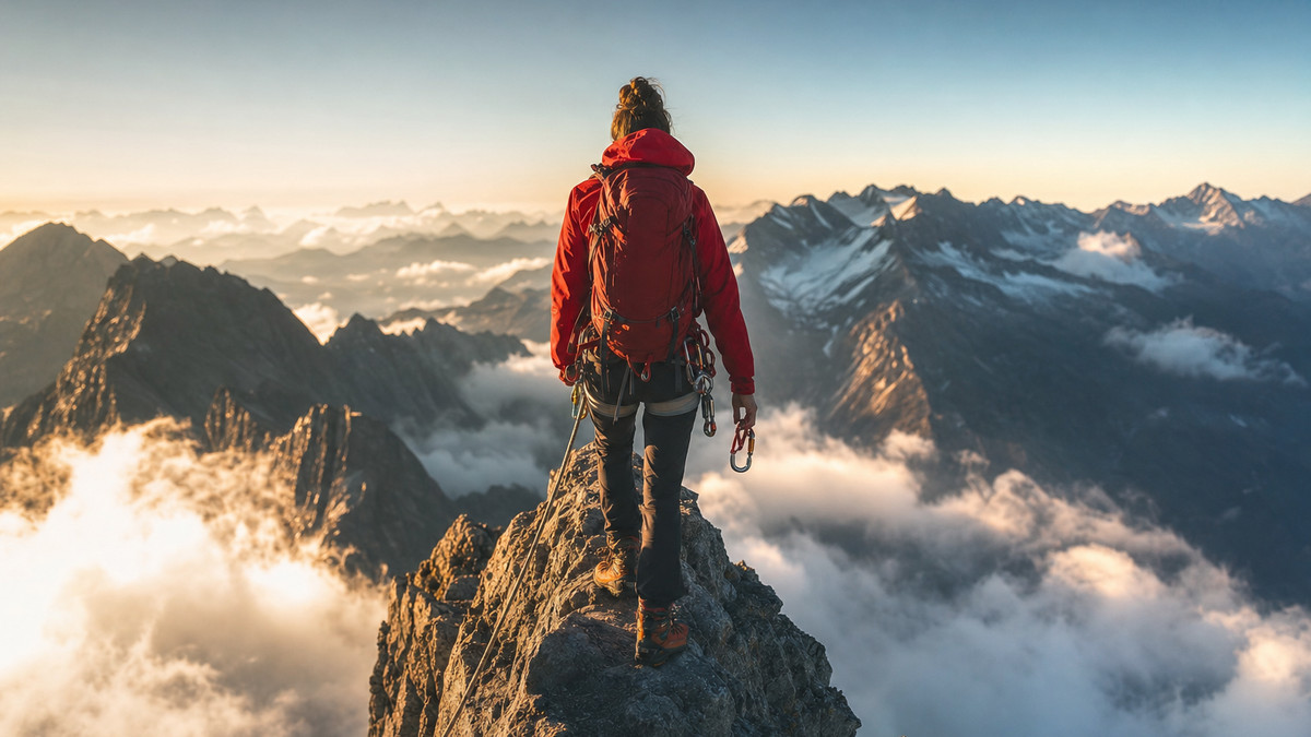 Das Geheimnis von guten Entscheidungen in Krisensituationen Bergsteigerin am Grat mit Karabiner, Wolken unter ihr und warmem Seitenlicht