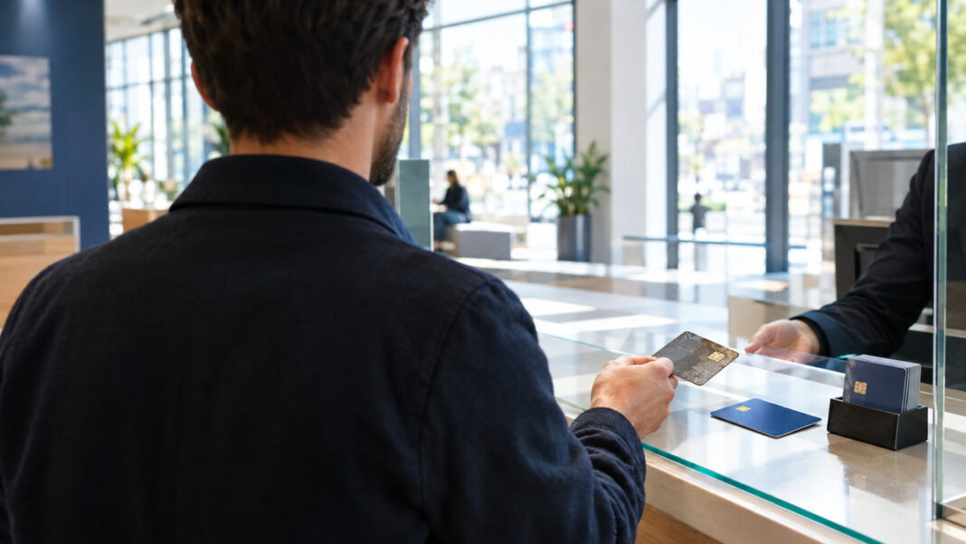Gründer gibt in der Bank eine alte Karte ab, daneben liegt eine neue Karte im Tageslicht.