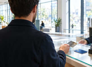 Gründer gibt in der Bank eine alte Karte ab, daneben liegt eine neue Karte im Tageslicht.