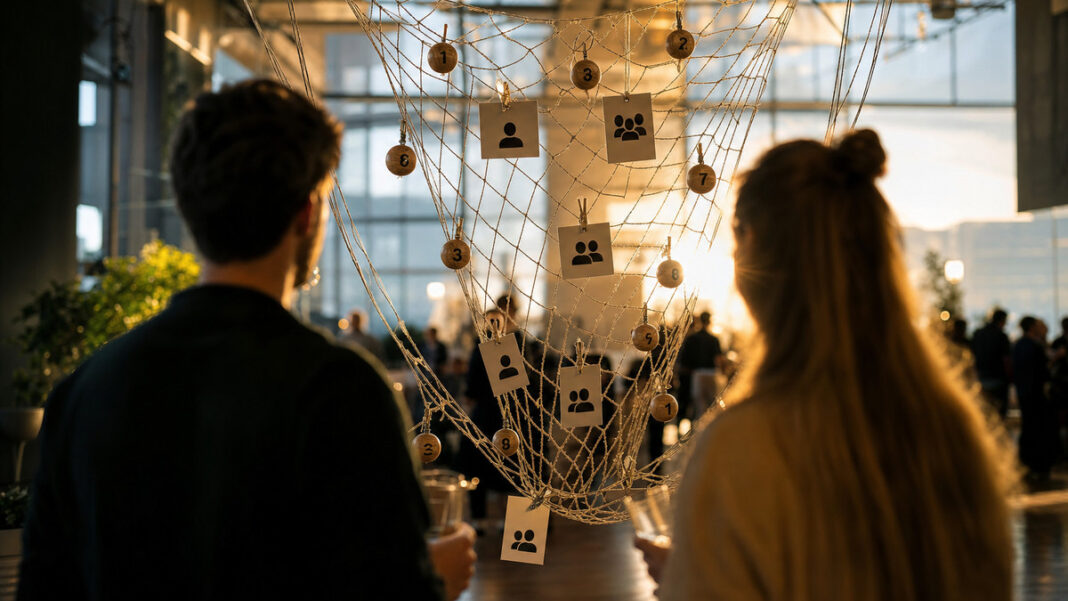 Networking für Gründer Offenes Fischernetz mit Karten und Perlen bei einem Gründer-Event, Menschen im Hintergrund von hinten.