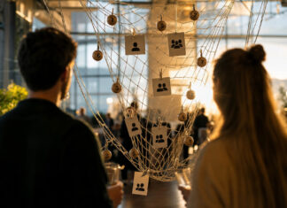 Coachings, Workshops und Co.: Was bringt Networking für Gründer wirklich? Offenes Fischernetz mit Karten und Perlen bei einem Gründer-Event, Menschen im Hintergrund von hinten.