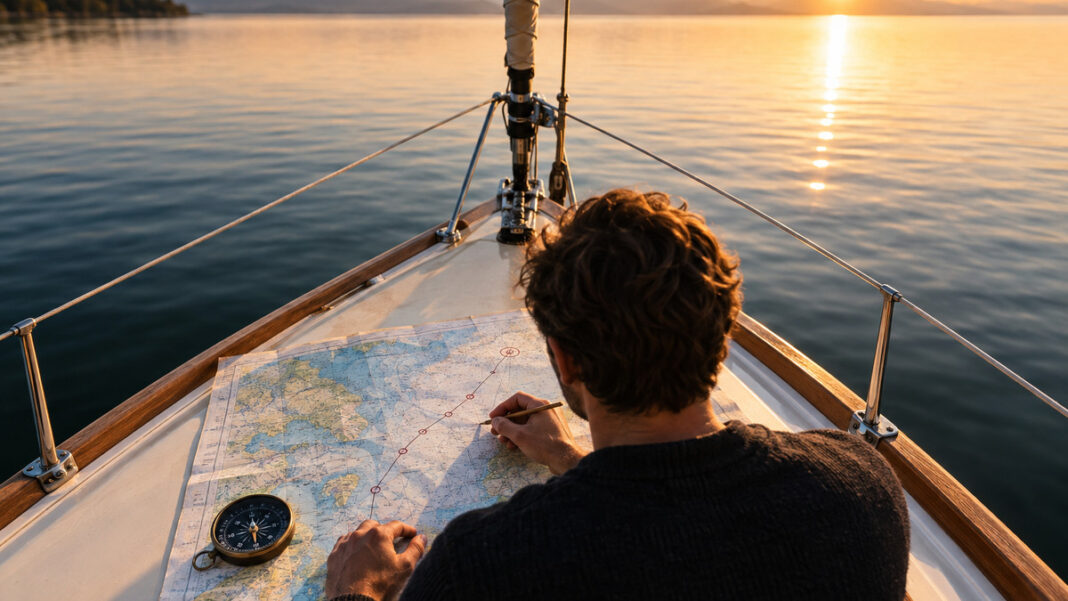 Businessplan mit Landkarte und Kompass Gruender setzt auf einem Segelboot Kursmarken auf einer Landkarte neben einem Kompass