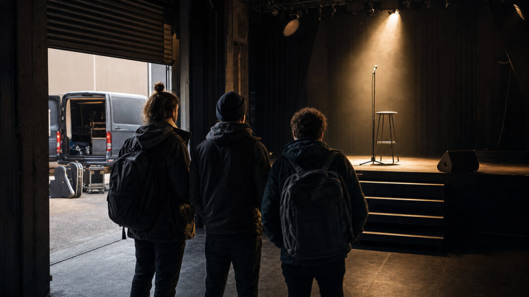Startup-Chance in der Krise Leerer Musikclub mit beleuchteter Bühne, Mikrofon und Barhocker, Gründerteam von hinten im Eingang
