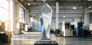 Gläserne Trophäe im Eingangsbereich einer Industriehalle, im Hintergrund unscharfe Maschinen und Tageslicht.