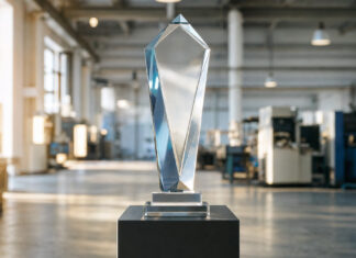 KW 19 | Innovationspreis Berlin Brandenburg startet Bewerbungsphase Gläserne Trophäe im Eingangsbereich einer Industriehalle, im Hintergrund unscharfe Maschinen und Tageslicht.