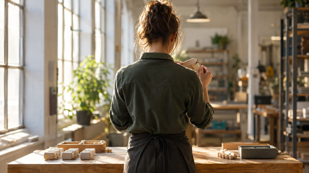 Female Startup in der Manufaktur Gründerin prüft in einer hellen Werkstatt ein Produkt an der Werkbank.