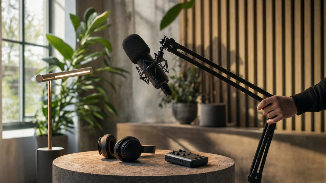 Kabelloser Kopfhörer und Aufnahmegerät im Podcast-Studio, eine Hand montiert einen Mikrofonarm