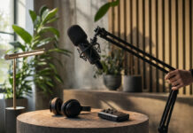 Gründerfreunde Podcast Relaunch: Startup, Quick Pitch, Blogcast, News & mehr Kabelloser Kopfhörer und Aufnahmegerät im Podcast-Studio, eine Hand montiert einen Mikrofonarm