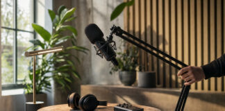 Kabelloser Kopfhörer und Aufnahmegerät im Podcast-Studio, eine Hand montiert einen Mikrofonarm