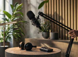 Kabelloser Kopfhörer und Aufnahmegerät im Podcast-Studio, eine Hand montiert einen Mikrofonarm