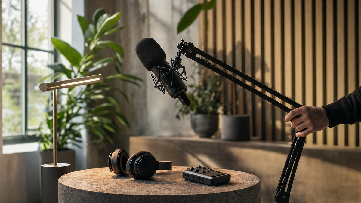 Gründerfreunde Podcast Relaunch: Startup, Quick Pitch, Blogcast, News & mehr Kabelloser Kopfhörer und Aufnahmegerät im Podcast-Studio, eine Hand montiert einen Mikrofonarm