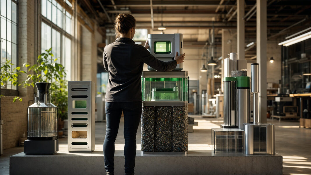 Gründerin setzt einen modularen Tech-Prototypen in einer hellen Werkhalle auf einen Sockel.