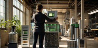 Gründerin setzt einen modularen Tech-Prototypen in einer hellen Werkhalle auf einen Sockel.