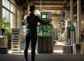 Gründerin setzt einen modularen Tech-Prototypen in einer hellen Werkhalle auf einen Sockel.