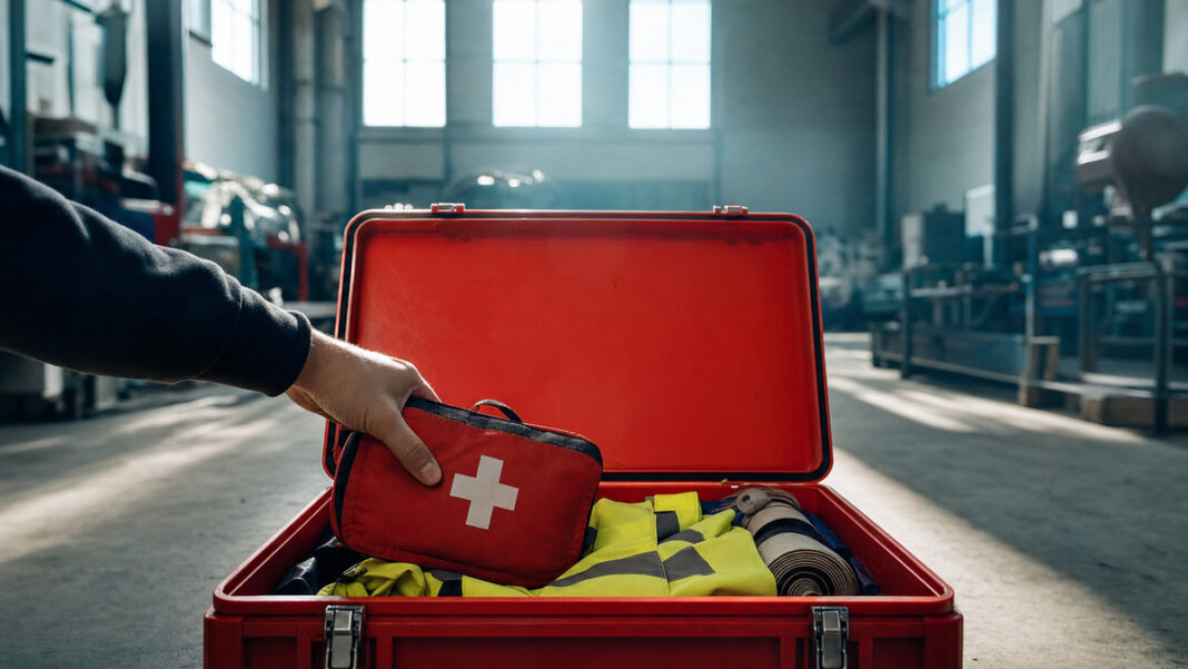 Soforthilfe in der Krise Notfallkasten in einer Werkhalle, eine Hand greift nach einem Erste-Hilfe-Paket