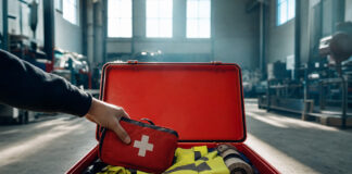 Notfallkasten in einer Werkhalle, eine Hand greift nach einem Erste-Hilfe-Paket
