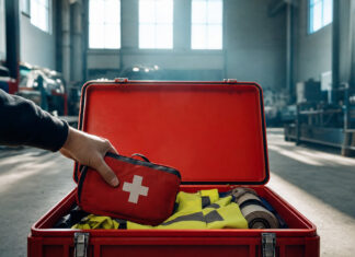 Notfallkasten in einer Werkhalle, eine Hand greift nach einem Erste-Hilfe-Paket