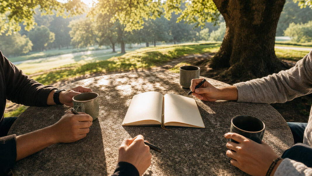 Meeting am runden Tisch Runder Steintisch unter einer Eiche, mehrere Hände beim Gespräch im Morgenlicht