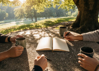 Runder Steintisch unter einer Eiche, mehrere Hände beim Gespräch im Morgenlicht