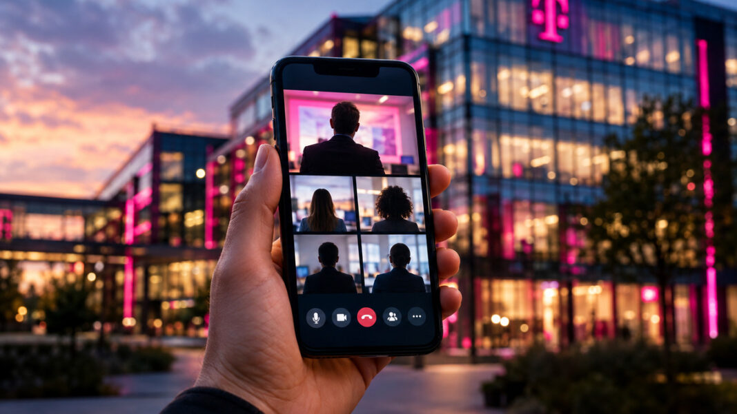 Hand hält Smartphone mit Video-Konferenz vor beleuchtetem Telekom-Gebäude am Abend