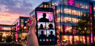 Hand hält Smartphone mit Video-Konferenz vor beleuchtetem Telekom-Gebäude am Abend