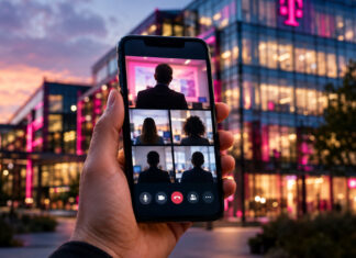 Hand hält Smartphone mit Video-Konferenz vor beleuchtetem Telekom-Gebäude am Abend