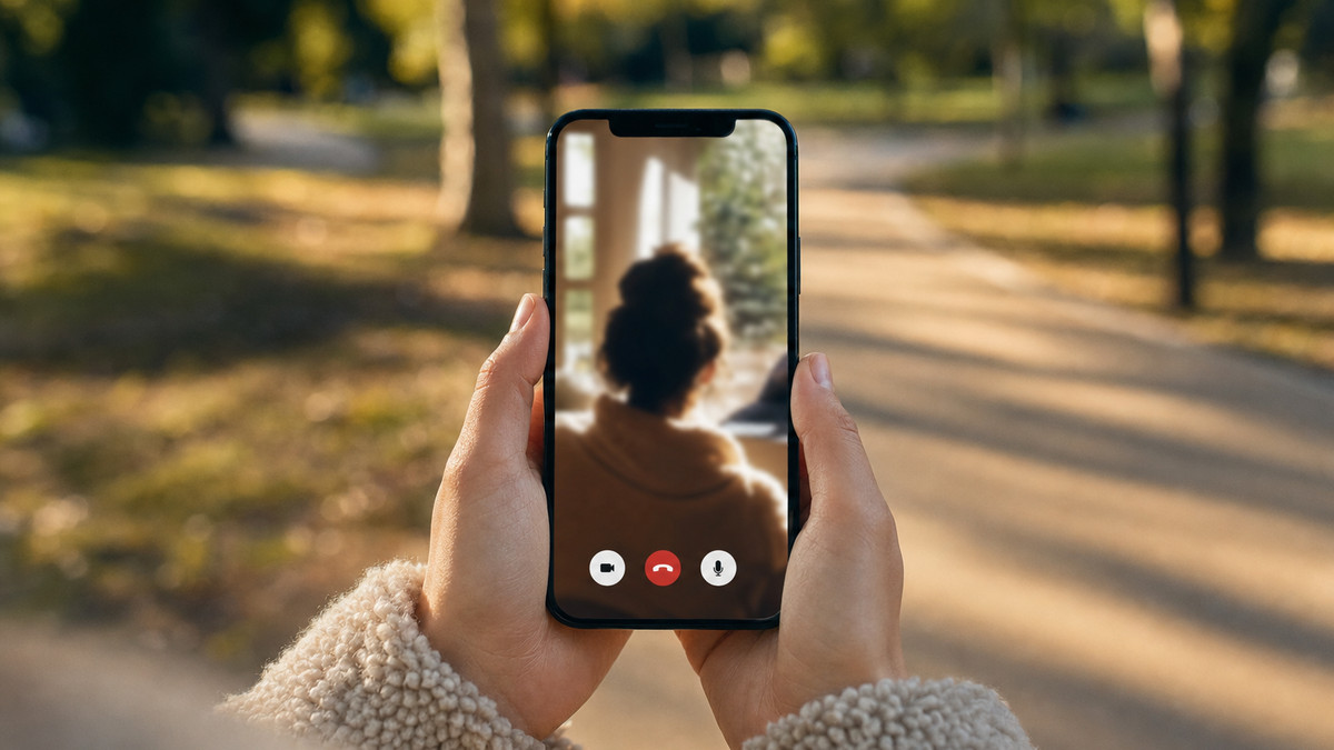 KW 21 | Gemeinnütziges Projekt AHOYly vernetzt Menschen während Corona durch Telefon- und Videoanrufe Hände halten ein Smartphone mit Videoanruf vor einem leeren Parkweg im Nachmittagslicht