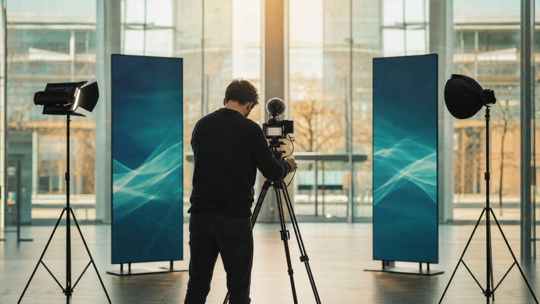 Digital-Event in leerer Messehalle Kamera-Set und Eventtechnik in leerer Messehalle, eine Person richtet ein Stativ aus.