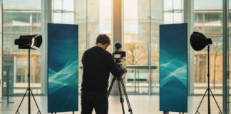 Kamera-Set und Eventtechnik in leerer Messehalle, eine Person richtet ein Stativ aus.