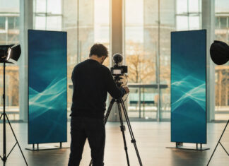 Kamera-Set und Eventtechnik in leerer Messehalle, eine Person richtet ein Stativ aus.