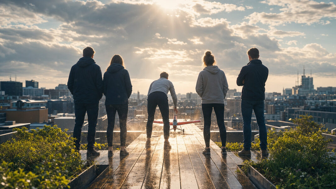 Rückenansicht eines Startup-Teams auf einer Dachterrasse neben einem kleinen Modellflieger im Sonnenlicht.