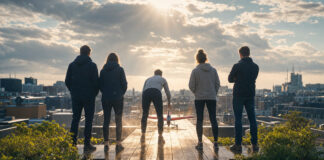 Rückenansicht eines Startup-Teams auf einer Dachterrasse neben einem kleinen Modellflieger im Sonnenlicht.