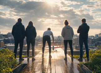 Rückenansicht eines Startup-Teams auf einer Dachterrasse neben einem kleinen Modellflieger im Sonnenlicht.