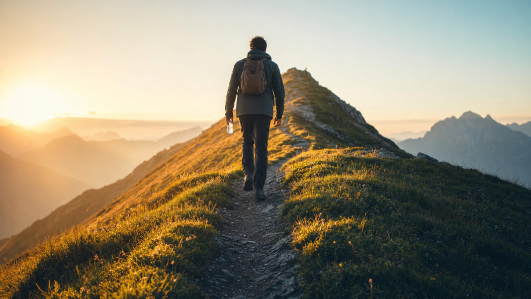 Produktiver Start im Morgengrauen Person von hinten wandert im Morgenlicht einen Bergpfad hinauf
