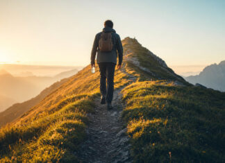 Person von hinten wandert im Morgenlicht einen Bergpfad hinauf