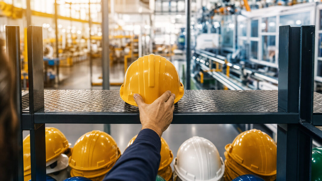 Digitalisierung in der Arbeitswelt Bunte Schutzhelme in einer Werkhalle, ein Helm wird von einer Hand geprüft, im Hintergrund läuft eine Fertigungslinie.