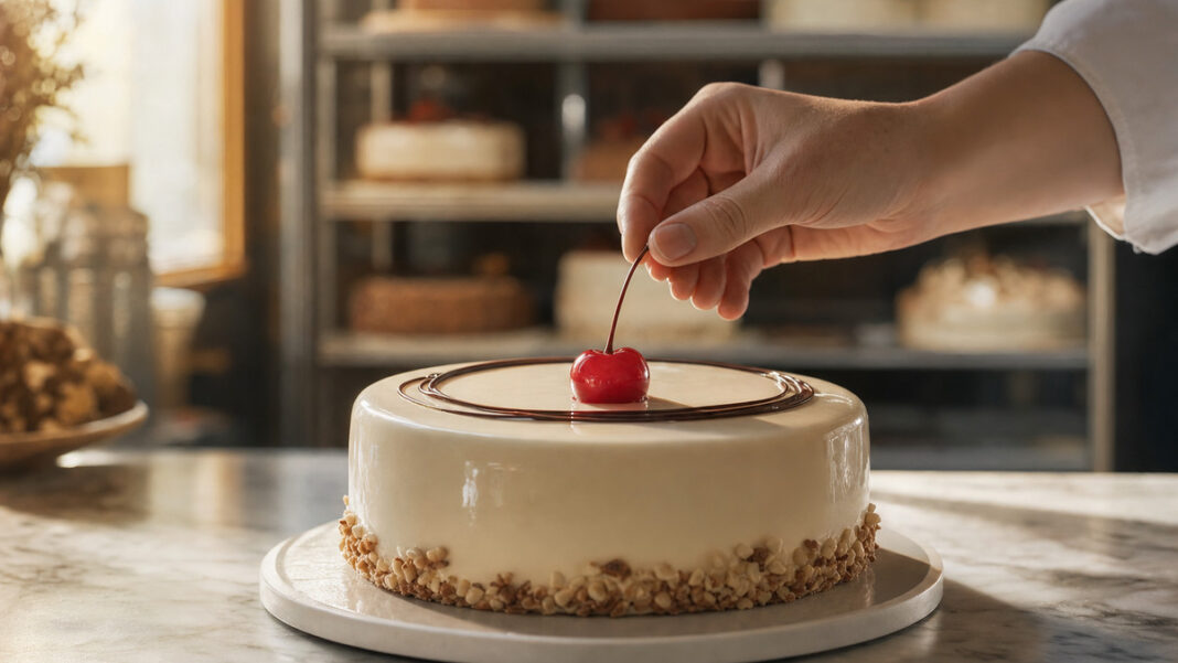 Hand setzt eine Kirsche auf eine glasierte Torte in einer Konditorei.