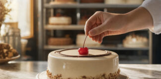 Hand setzt eine Kirsche auf eine glasierte Torte in einer Konditorei.