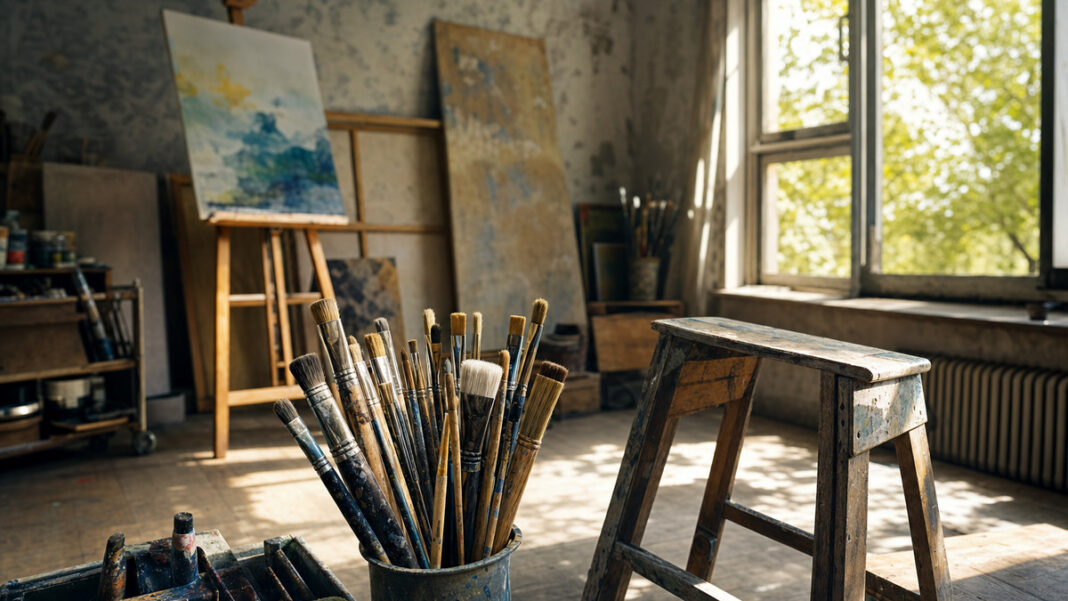 Künstlerstudio im Tageslicht Künstleratelier mit Staffelei, Leinwänden und Malutensilien im warmen Tageslicht
